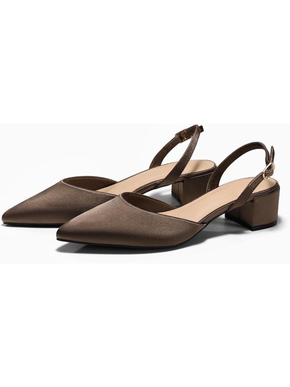 Women's Brown Low Chunky Heels Slingback Closed Pointed Toe Pumps Dress Shoes - Picture 5 of 6